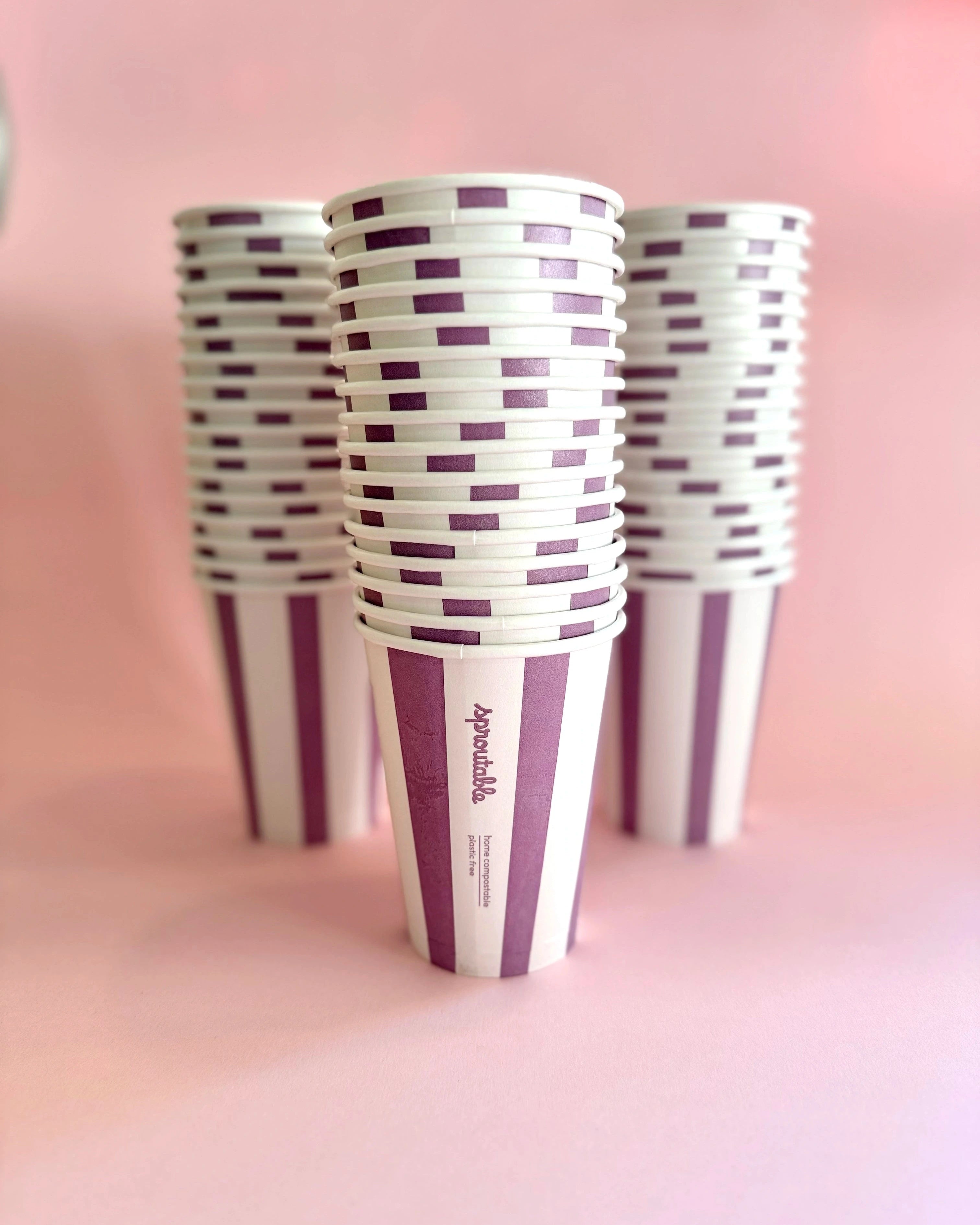 Stacks Sproutable mauve striped 12oz home compostable cups – plant fiber, home compostable, plastic-free