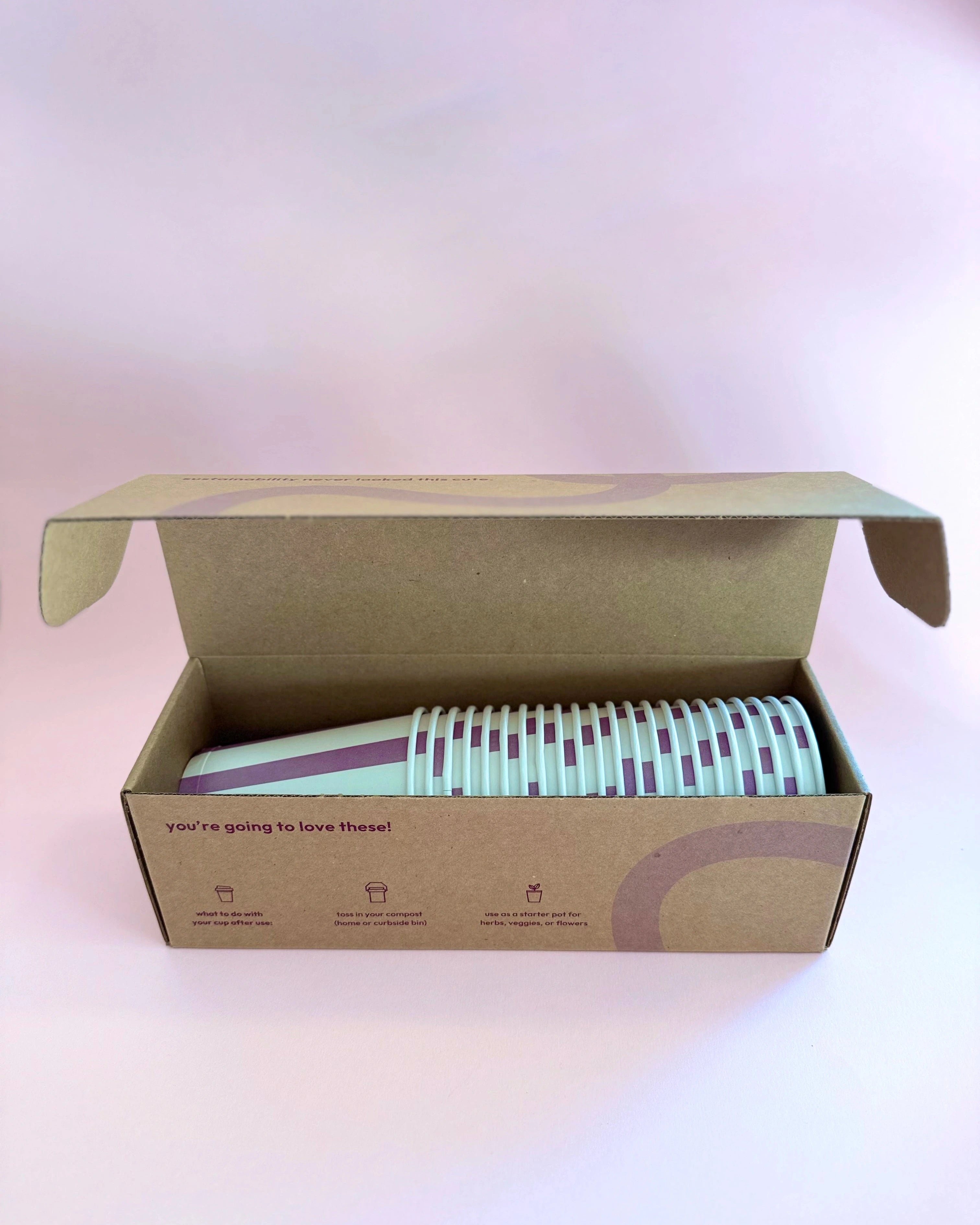 box of Sproutable mauve striped 12oz home compostable cups – plant fiber, home compostable, plastic-free