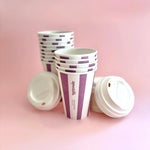 Stack of 14 Sproutable mauve striped 12oz home compostable cups and compostable lid – plant fiber, home compostable, plastic-free