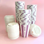 Stack of 42 sproutable mauve striped 12oz home compostable cups and compostable lids – plant fiber, home compostable, plastic-free