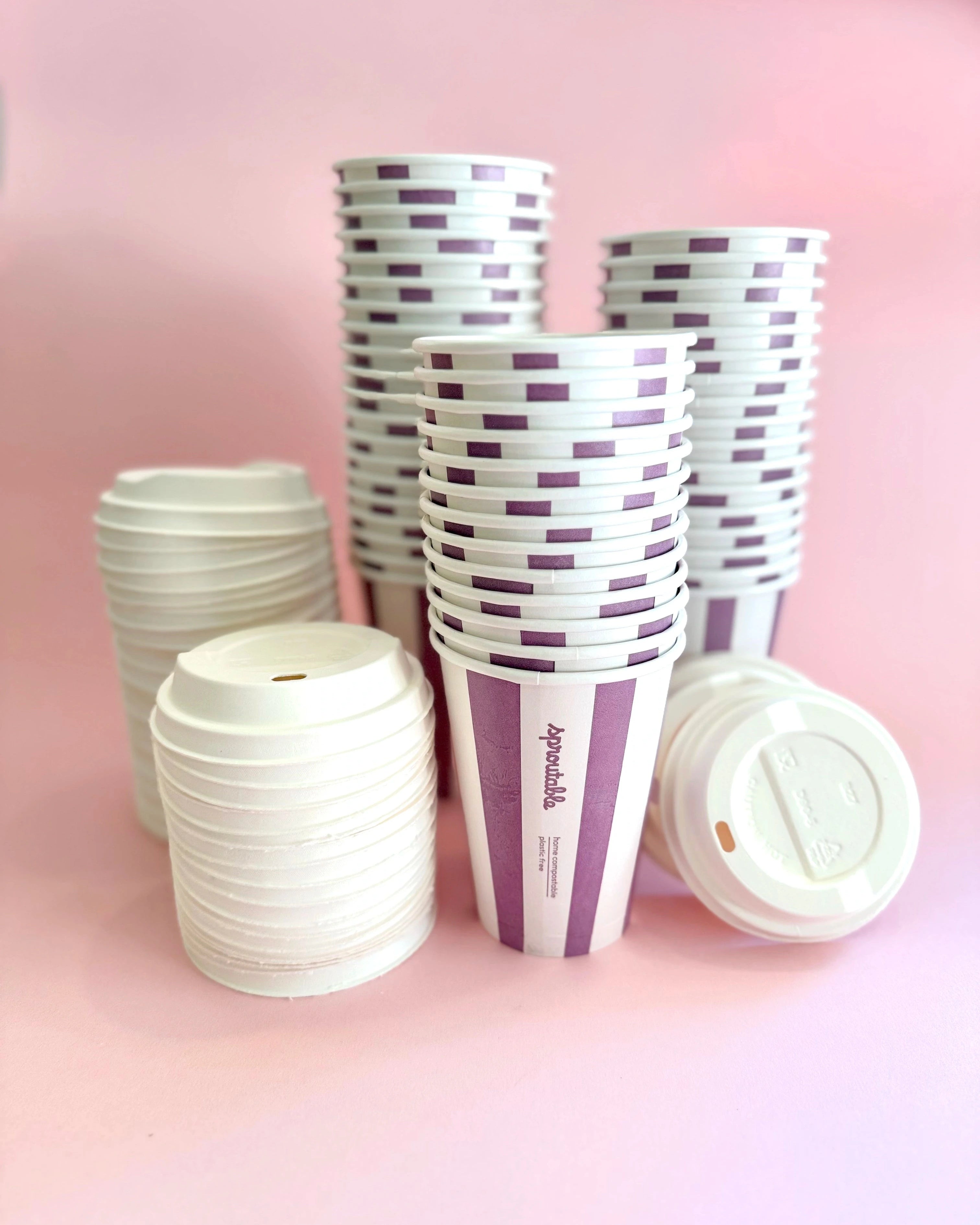 Stack of 42 sproutable mauve striped 12oz home compostable cups and compostable lids – plant fiber, home compostable, plastic-free