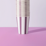 Stack of Sproutable mauve striped 12oz home compostable cups – plant fiber, home compostable, plastic-free